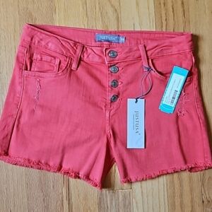 Just USA -  Coral Button Frayed Hem Shorts